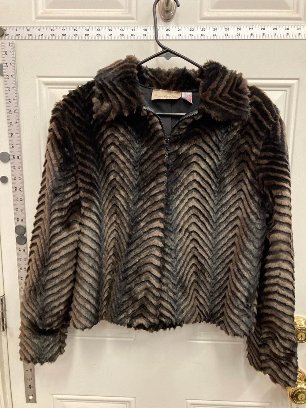 Chevron, Faux Fur, Zip Jacket, - Brown,  Travel, Wedding, 90s, Cruise